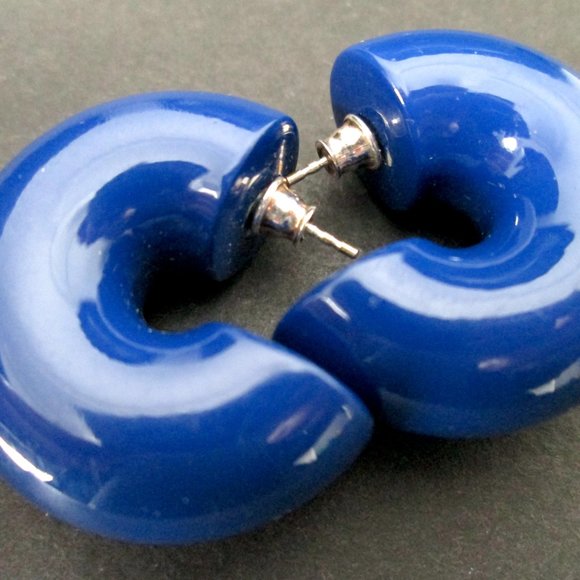 💙 Vtg Uncommon Matters Beam Semi Hoop Earrings Deep Cobalt Blue Enamel 925 - Picture 6 of 12